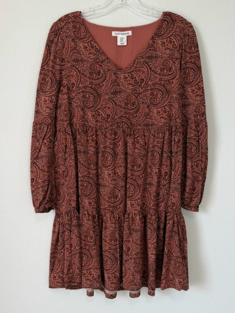 Lucky Brand Long Sleeve V-Neck Brown Paisley Boho Tiered Dress Women's Size XS